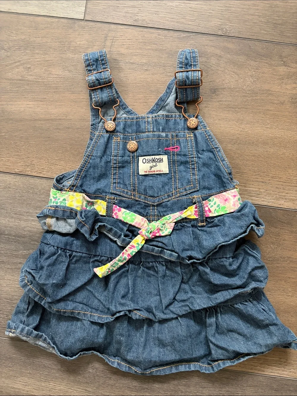 OshKosh B'gosh Blue Denim Ruffle Overall Dress with Floral Belt